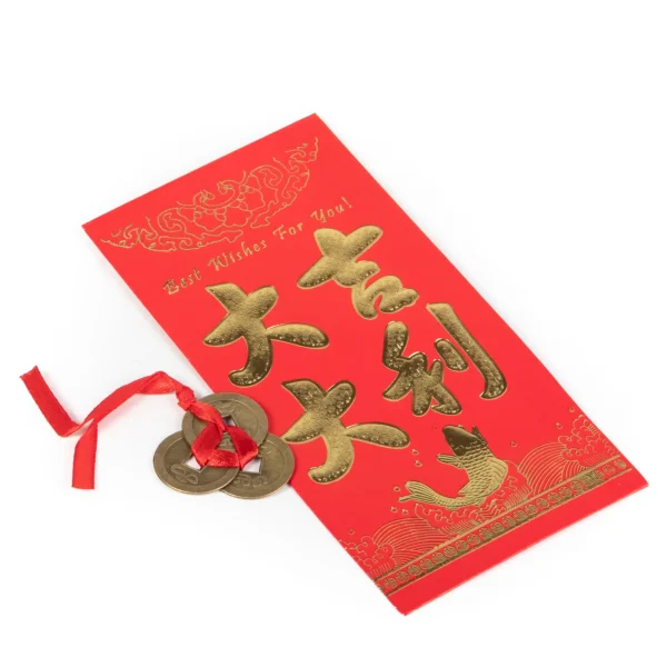 3 Lucky Chinese Wealth Coins on Red Ribbon with Red Prosperity Envelope