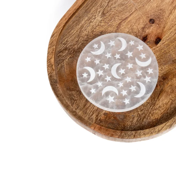 Selenite Stars and Moons Etched Charging Plate